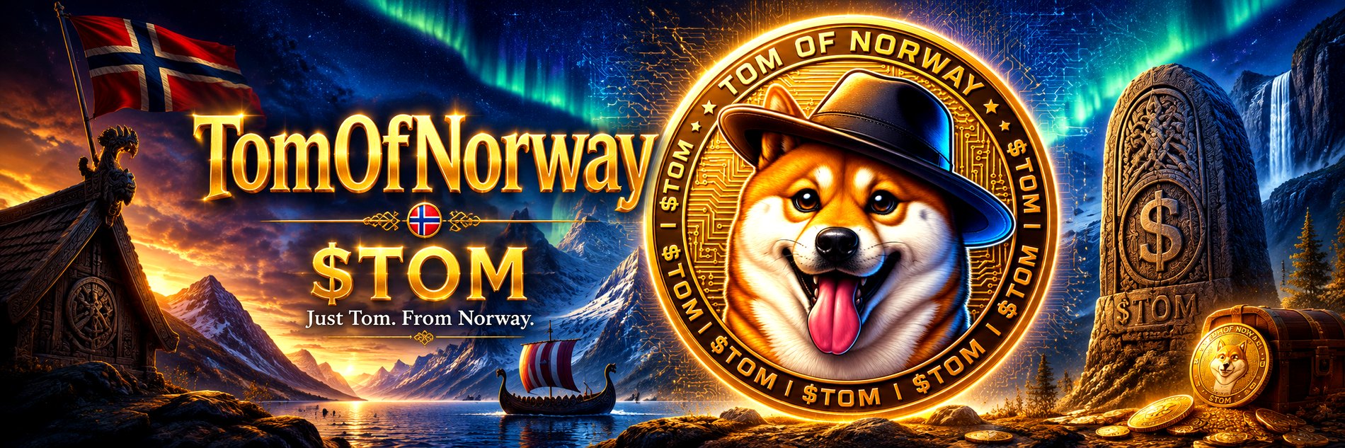 TomOfNorway — $TOM. Just Tom. From Norway. A gold $TOM coin above a fjord under the northern lights.