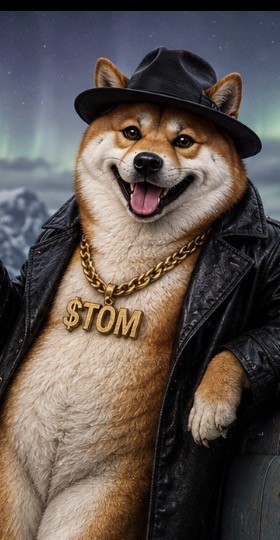 TOM — a Greenland dog and border collie mix — in a black leather coat with a gold $TOM chain, northern lights behind him.