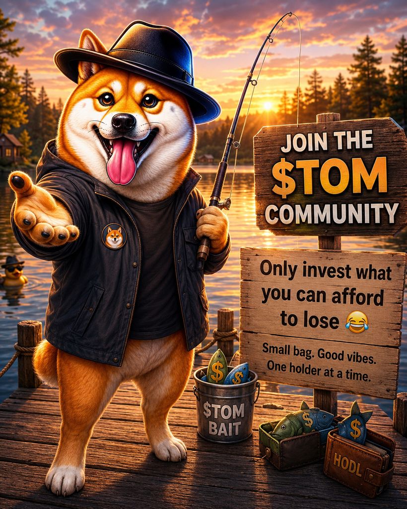 TOM on a jetty with a fishing rod beside a sign reading: join the $TOM community, only invest what you can afford to lose.