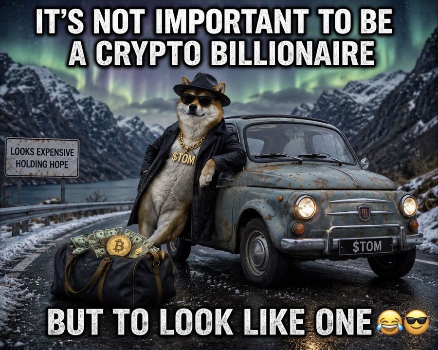 TOM leaning on a rusty little car in a Norwegian fjord landscape: it's not important to be a crypto billionaire, but to look like one.