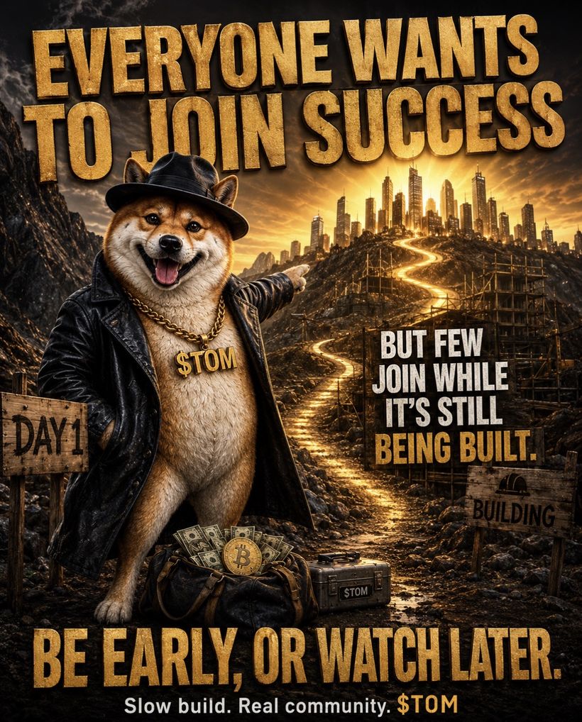 TOM pointing up a lit path toward a city under construction: everyone wants to join success, but few join while it's still being built.